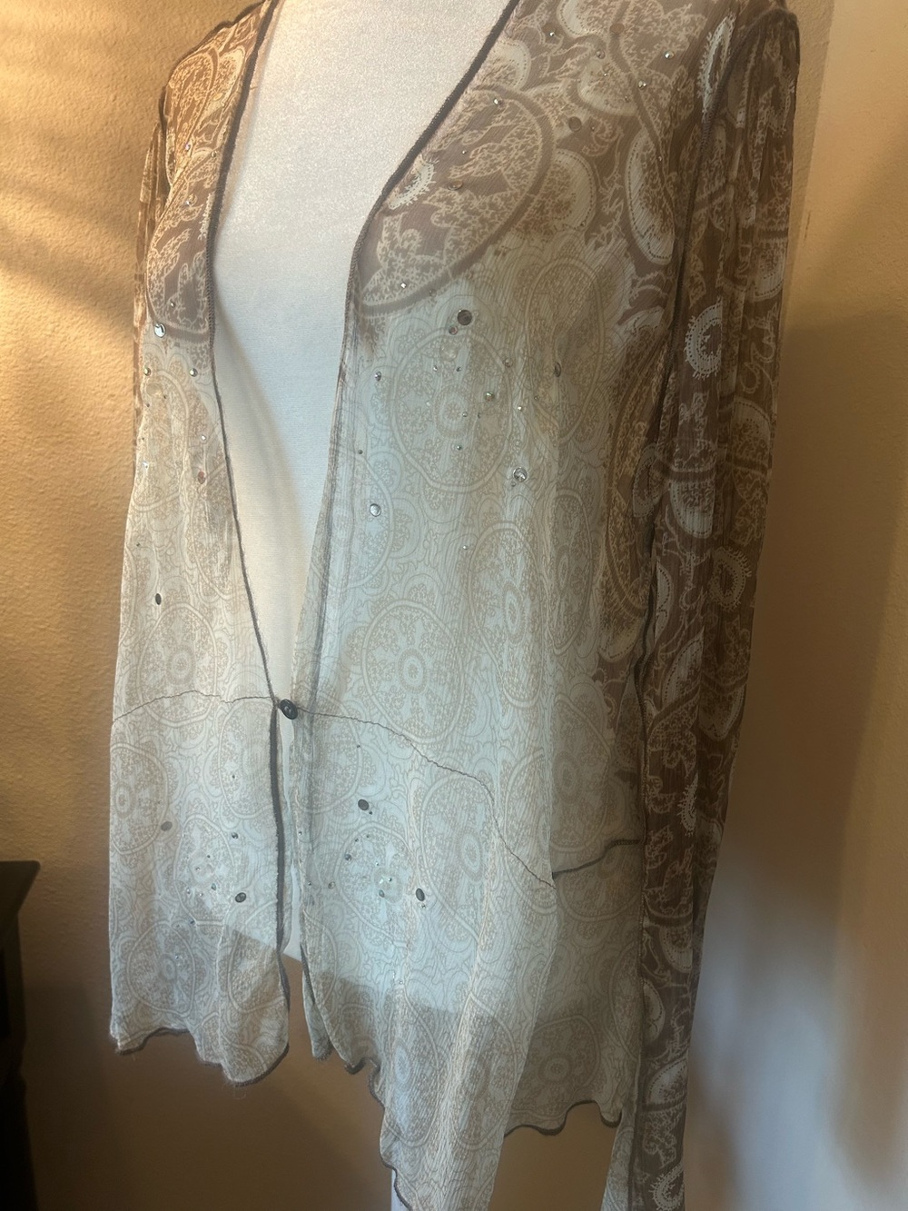 Rozae Nichols 100% Silk Sheer Rhinestone Crinkle Cardigan Jacket M - Picture 5 of 14